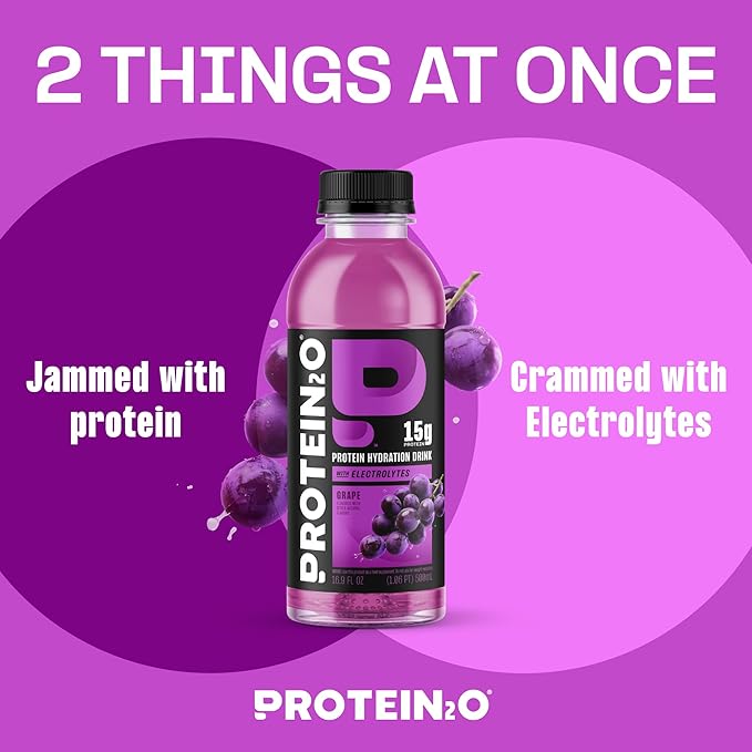 Protein2o 2-in-1 Clear Whey Protein & Electrolyte Beverage, 15g Protein, Gluten-Free, 16.9 fl oz Bottles, Grape (Pack of 24)