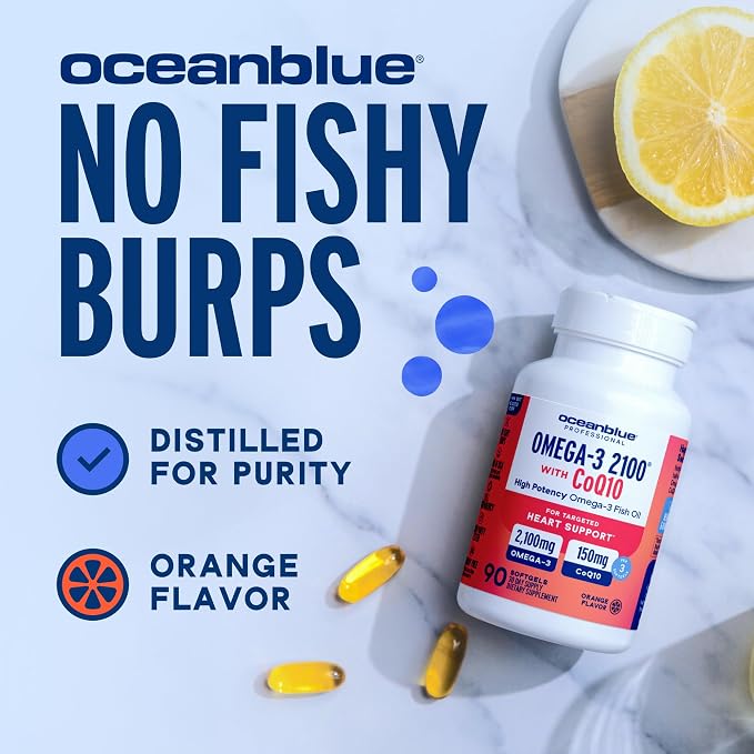 Oceanblue Omega 3 2100 with CoQ10 | Triple Strength Fish Oil Combo Supplement | High Potency 1350mg EPA 650mg DHA with 150mg CoQ10 | Orange Flavor | Heart Support | 90 Softgels | Pack of 2