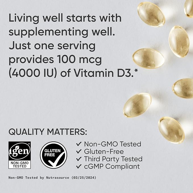 Sports Research® Vitamin D3 4000 IU with Coconut MCT Oil - Double Strength Vitamin D Supplement - Gluten Free · Non-GMO · Soy Free - 360 Count Softgels