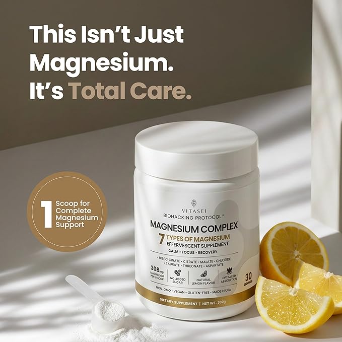 VITASEI Magnesium Total Care – 7 Types Magnesium Powder with Aspartate, Chloride, Citrate, Bisglycinate, Malate, Threonate, Taurate for Calm, Focus & Recovery – 10.58 oz (30 Servings)