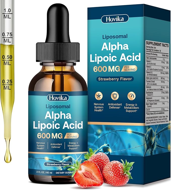 Liposomal Alpha Lipoic Acid Liquid Drops 600mg - Neuropathy Supplements Liquid for Nerve, Energy & Metabolic Support with Benfotiamine, Turmeric, Selenium & C, E & B12, Strawberry 2 Fl Oz