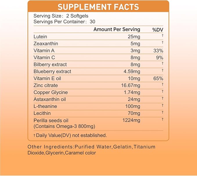 14 in 1 Eye Vitamins, 25mg Lutein, 5mg Zeaxanthin, 24mg Astaxanthin, 800mg Omega-3 & 100mg L-Theanine, Supports Eye Health, Moisture and Comfort*