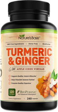 Nature's Base Turmeric and Ginger Supplement - with Curcumin, Apple Cider Vinegar & BioPerine Black Pepper Extract - 95% Curcuminoids - 240 Capsules