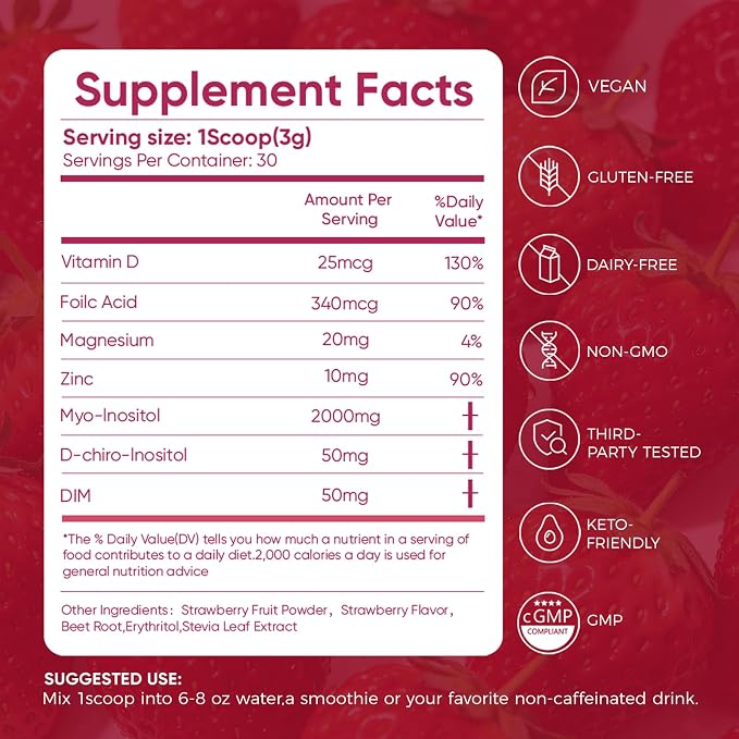 Myo & D-Chiro Inositol Powder 40:1 Ratio for Women's Hormone Balance & Ovarian Support - with Folate, DIM, Zinc, Magnesium Glycinate & Vitamin D3, 30 Servings (Strawberry)