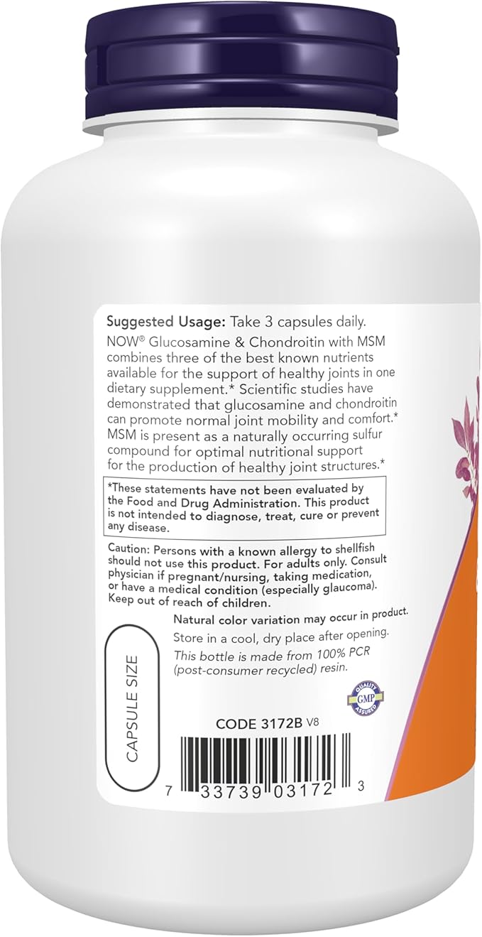NOW Foods Glucosamine 1.1g, Chondroitin 1.2g, with MSM 300mg, 180 Capsules (Pack of 2)