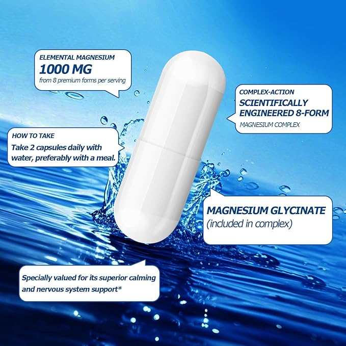 Magnesium Glycinate 8in1 Complex Supplement 1000mg - Magnesium Glycinate, Citrate, Malate, Taurate, Chelated for Health and High Absorption | Third Party Tested, Gluten Free, Non-GMO - Easy to Swallow