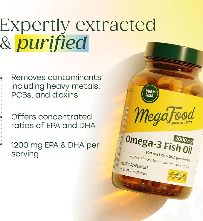 MegaFood 2000mg Fish Oil Omega 3 Supplements - Burp-Less & Lemon Oil Infused - Heart, Brain, Eye, Joint & Immune Support Supplement - 1200mg EPA & DHA Per Serving - 90 Softgels, 45 Servings