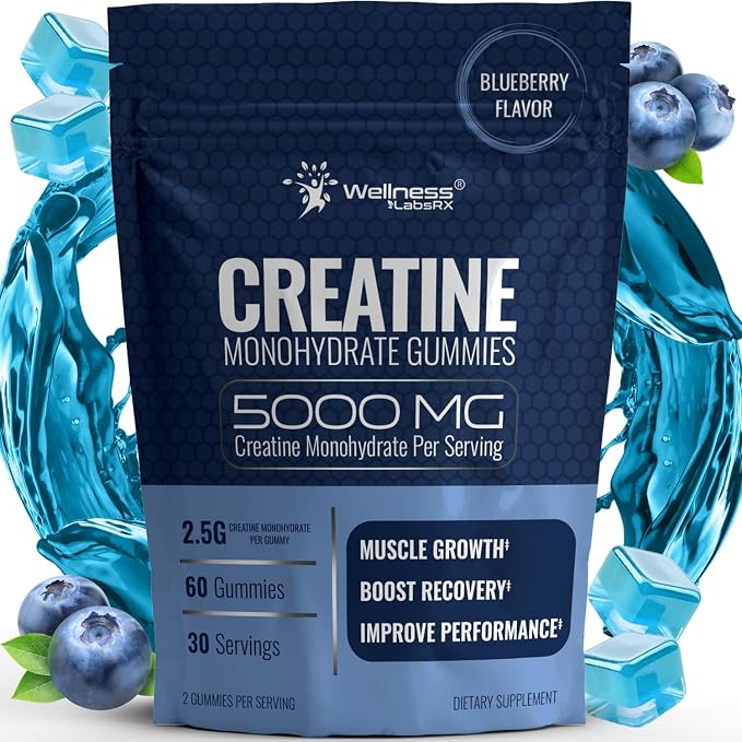 Creatine Gummies 5000mg, 30 Servings Creatine Monohydrate Gummies - Third-Party Tested Creatine for Women, Blueberry Flavor Creatine for Men, Muscle Growth, Strength, and Recovery - Pack of 1