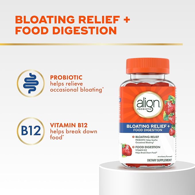 Align Probiotic, Bloating Relief + Food Digestion, Probiotics for Women and Men, Probiotic Helps Soothe Occasional Bloating*, With Vitamin B12 to Help Break Down Food into Cellular Energy*,60 Gummies