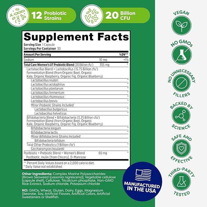 Probulin Total Care Women's Urinary Tract = Prebiotics + Probiotics + Postbiotics to Support a Healthy Vaginal Microbiome - 20 Billion CFU - 12 Strains - 30 Vegan Capsules