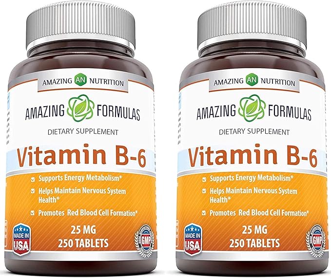 Amazing Formulas Vitamin B6 Pyridoxine 25mg 250 Tablets Supplement | Non-GMO | Gluten Free | Made in USA (2 Pack)