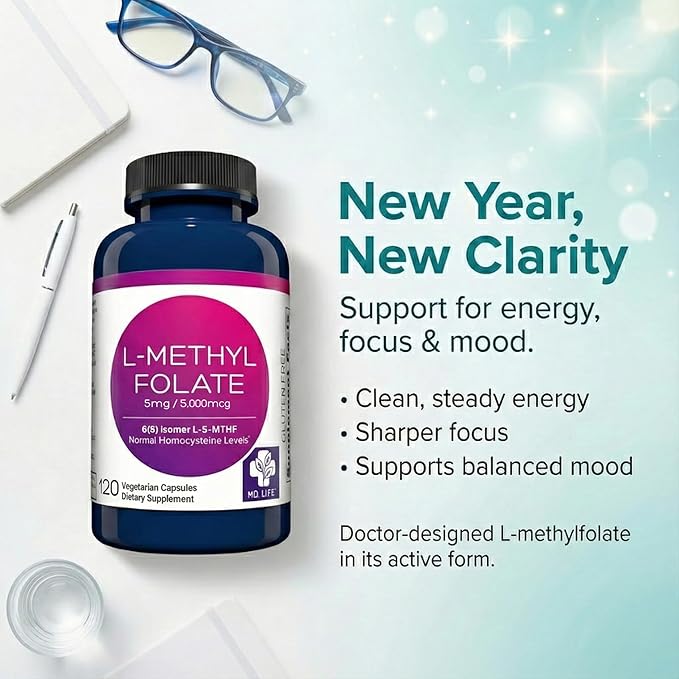 MD Life L-Methylfolate 5 mg Supplement - Professional-Grade Active L Methylfolate Supplement - 120 Capsules - L-Methylfolate 5mg - Maximum Potency MTHFR W/Essential Amino Acids
