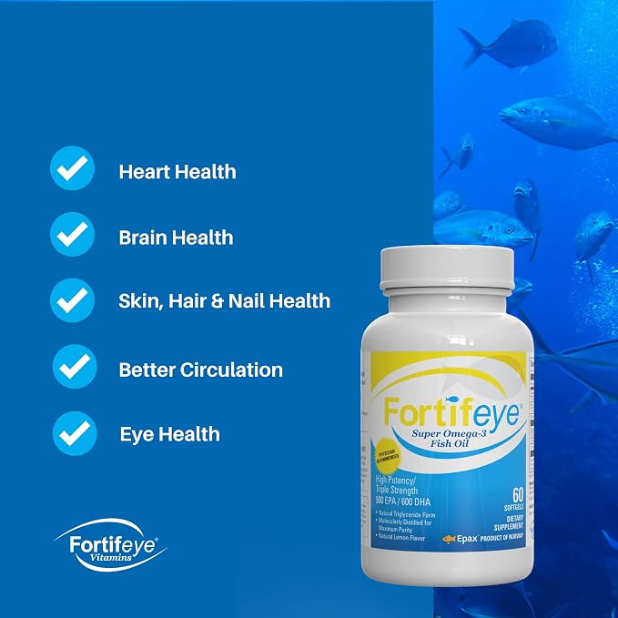 Fortifeye Omega 3 Fish Oil 120Count 1600 mg Made in Norway - High Potency rTG Form Supplement with EPA & DHA, Triple Strength Fish Oil Softgels for Men Women, No Fishy Aftertaste, Natural Lemon Flavor