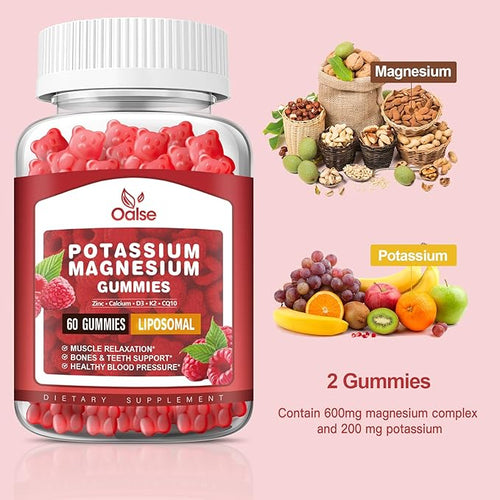 (2 Pack) Potassium Magnesium Gummies for Adults Kids, High Absorption Potassium Citrate 200mg Magnesium Glycinate 400mg, Chewable Gummy Supplements for Leg Cramps & Muscle, Raspberry