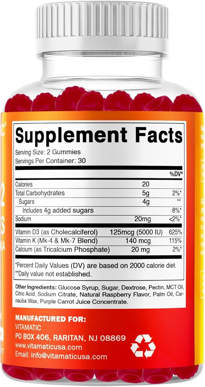 Vitamatic Vitamin D3 + K2 Gummies – 60 Count | Supports Bone, Heart & Immune Health – Promotes Calcium Absorption – Plant-Based, Non-GMO, Gluten-Free