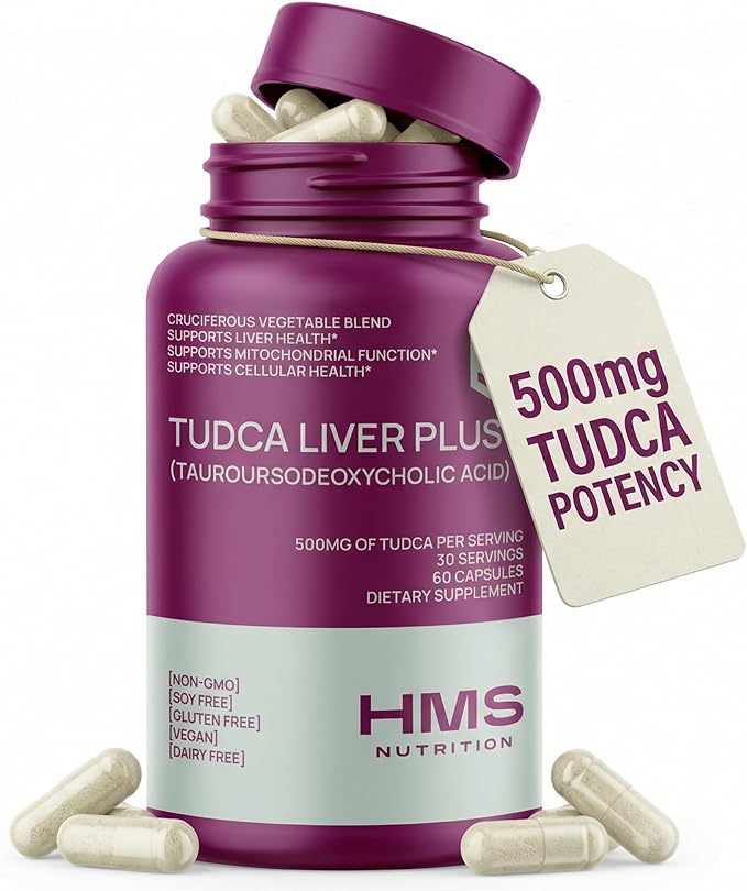TUDCA Liver Plus+, Liver Support Supplement for Liver Cleanse with Milk Thistle Seed Extract, Vitamin B12, Folate, Tudca Bile Salt Supplement (Tauroursodeoxycholic Acid), 60 Capsules, 1 Month Supply