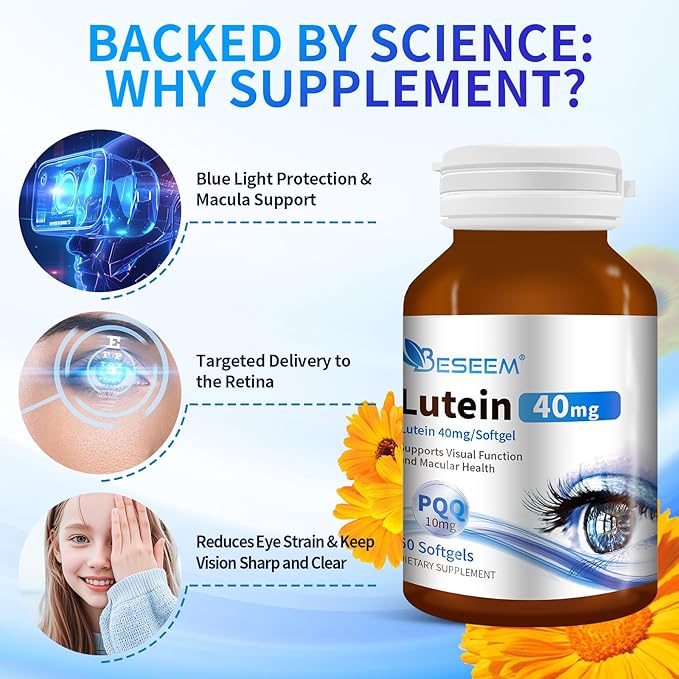 6-in-1 Eye Supplement with Lutein 40mg, Zeaxanthin 10mg, Eye Health Support Supplement for Adults – Blue Light Protection, Macula Support & Eye Strain Relief – 60 Softgels