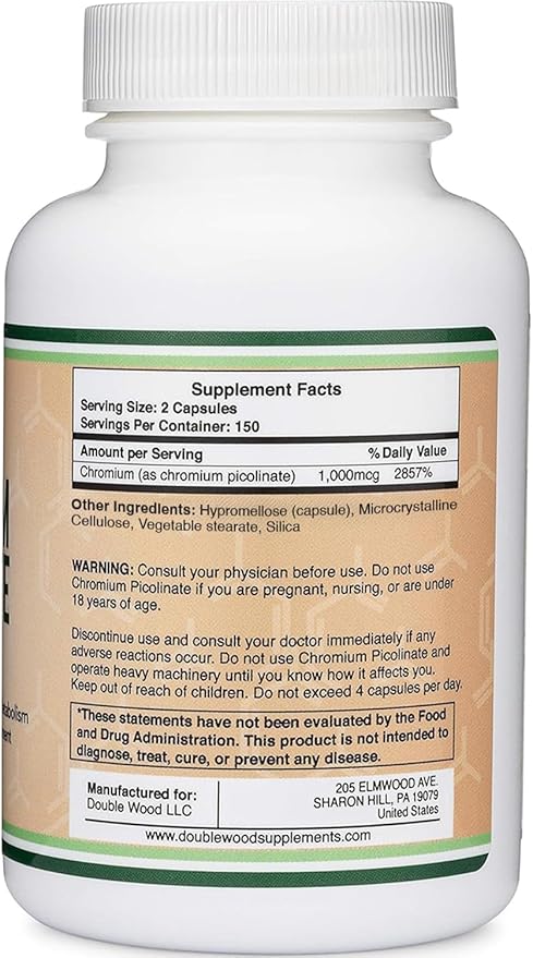 Chromium Picolinate 1000mcg for Healthy Weight Management (High Absorption and Bioavailability) (300 Vegan Safe Capsules, Non-GMO, Gluten Free) by Double Wood Supplements