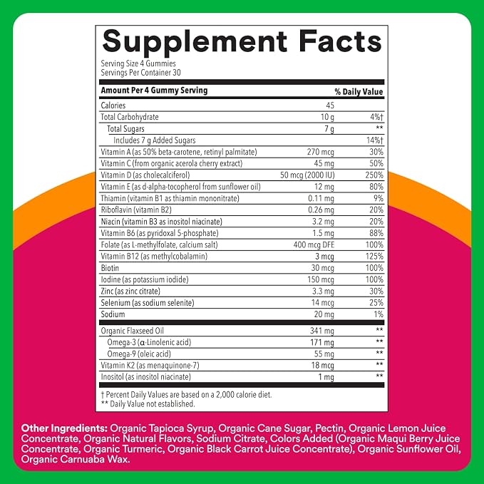 SmartyPants Organic Women's Multivitamin Gummies: Biotin, Methylfolate, Omega 3 (ALA), Vitamin D3,C,B12,B6,A,K & Zinc, Inositol, Gluten Free, Vegetarian, 120 Count (30 Day Supply)(Pack of 2)