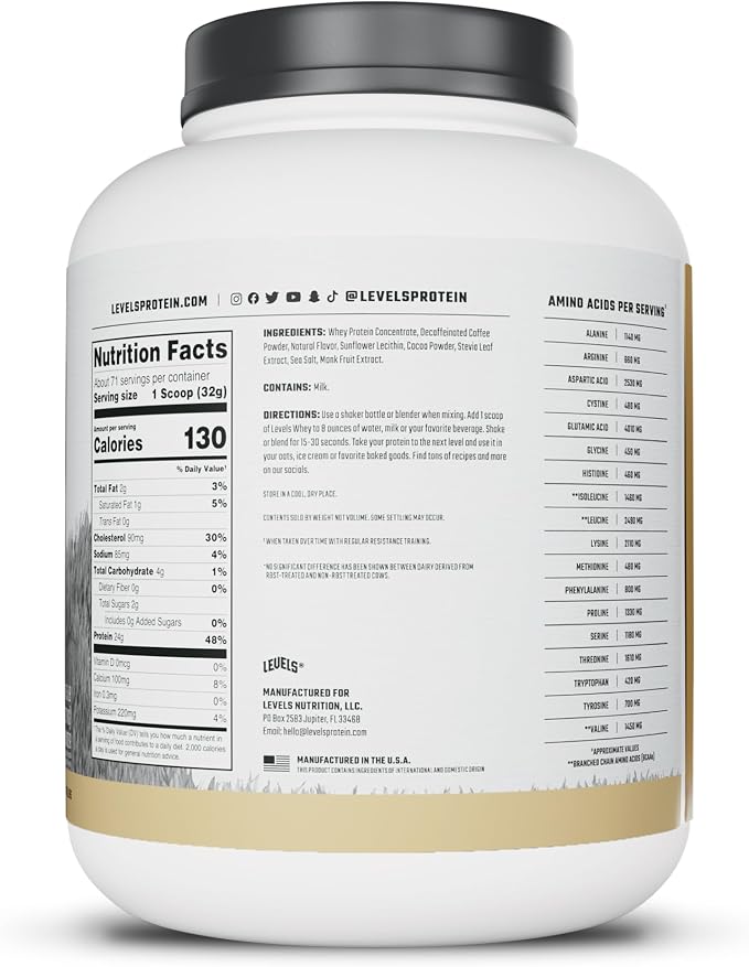 Levels Whey Protein Powder, No Artificial Ingredients, Cappuccino, 5LB | 24G of protein and 5.4G BCAAs per scoop, made with hormone-free dairy, zero junk, no fillers, no added sugar, certified clean