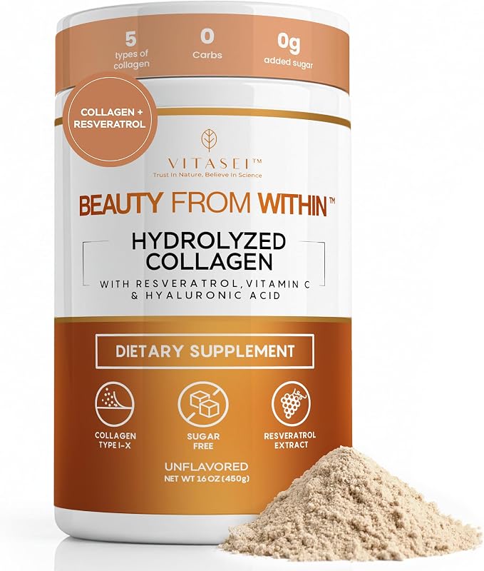 VITASEI Hydrolyzed Collagen Peptides Powder with Resveratrol & Vitamin C – Hair, Skin & Joint Support with Hyaluronic Acid – Colágeno Hidrolizado for Women & Men – Unflavored, 16 oz (30 Servings)