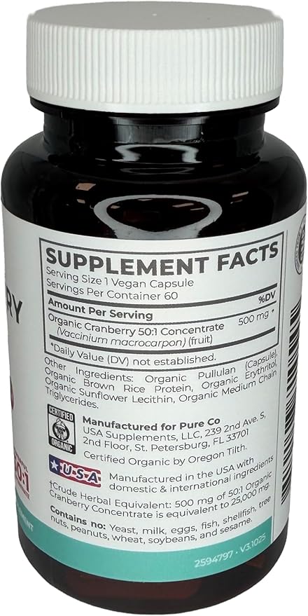 Organic Cranberry Pills - Vegan Supplement for Urinary Tract Health & Kidney Cleanse - Cranberry Pills for Women 500mg 50:1 Cranberry Concentrate Per Serving - Urinary Tract Support - 60 Capsules