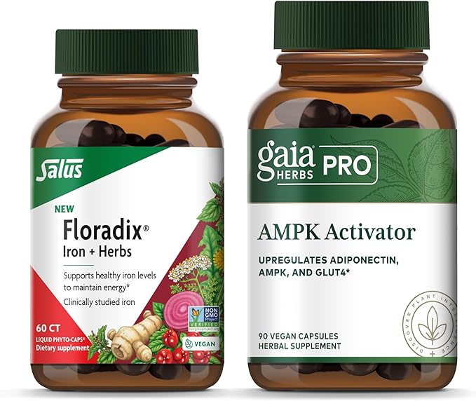 Floradix Iron + Herbs - Iron Supplement for Healthy Energy Support* & Gaia Herbs PRO AMPK Activator - Supports Cellular Energy - Bundle (Pack of 2)