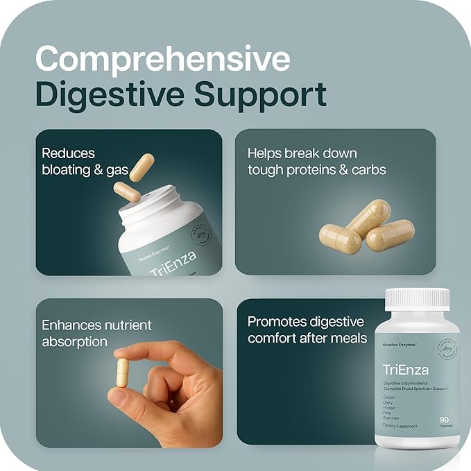 Houston Enzymes TriEnza Digestive Enzymes for Women & Men, Digestive Enzyme Supplements for Proteins, Carbs, Fats & Polyphenols Help Break Down Wheat, Dairy, Soy, 180 Capsules (90 Doses)