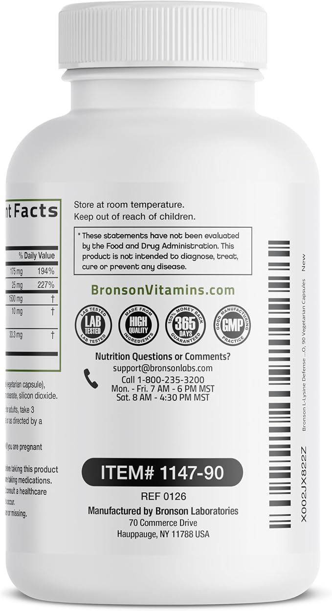 Bronson L-Lysine Defense Immune Support Complex 1500 MG L-Lysine Plus Olive Leaf, Garlic, Vitamin C and Zinc - Non-GMO, 90 Vegetarian Capsules