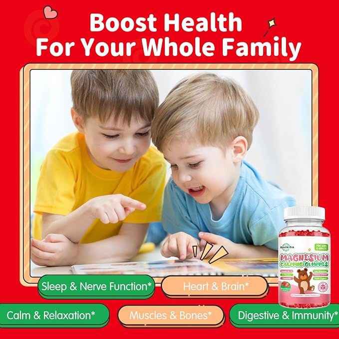 Kids Magnesium Glycinate Gummies, Magnesium Supplement with L-Theanine, Vitamin B6, D3 for Kids & Adults, Calm Magnesium for Sleep Relaxation,Brain,Bones,Sugar Free Strawberry 120ct