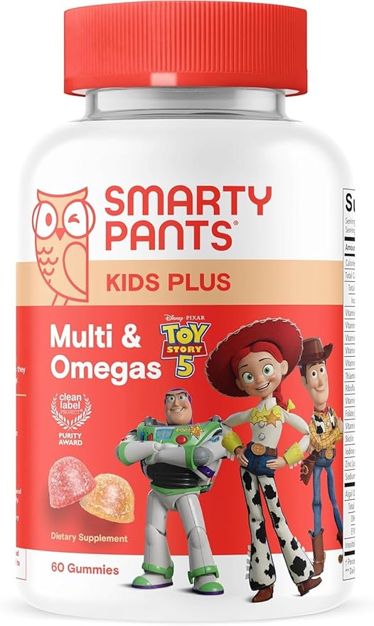 SmartyPants and Disney-Pixar’s Toy Story 5 Kids Multivitamin Gummies, Omega 3 DHA EPA, Vitamin D, C, B12, E, Zinc and Iodine, Clean Label, Gluten Free, Mixed Fruit Flavors, 30 Day Supply, 60 Gummies