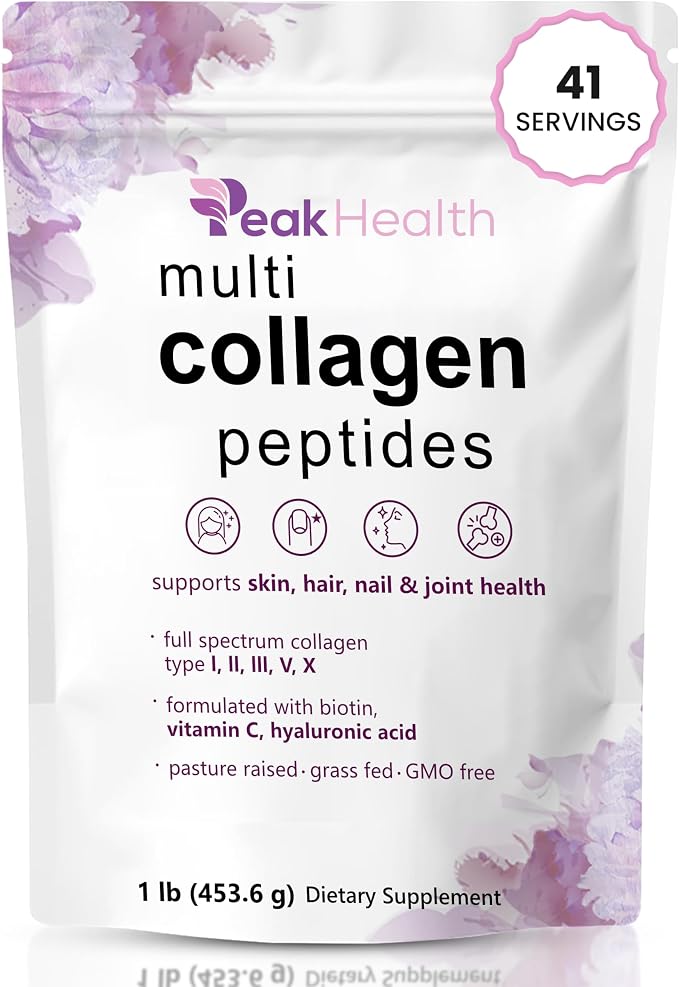 Multi Collagen Peptides Powder, 1 Pounds collagen powder- Type I,II,III,V,X with Biotin, Hyaluronic acid powder, Vitamin C - Unflavored Collagen Protein Powder - Keto & Paleo, Easy Dissolve