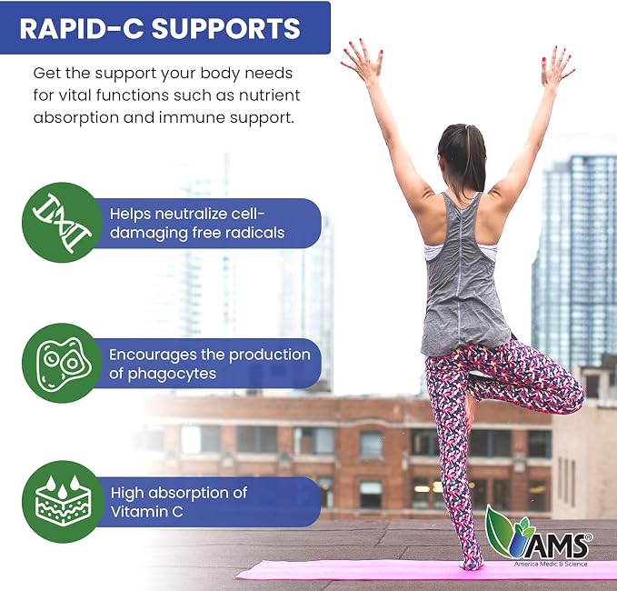 America Medic & Science Rapid-C 500mg Vitamin C Supplement (3 Pack of 100 Tablets) Energy Booster, Daily Immune System Support, Antioxidant | Vegan, Non-GMO Coated Ascorbic Acid for Adult Men & Women