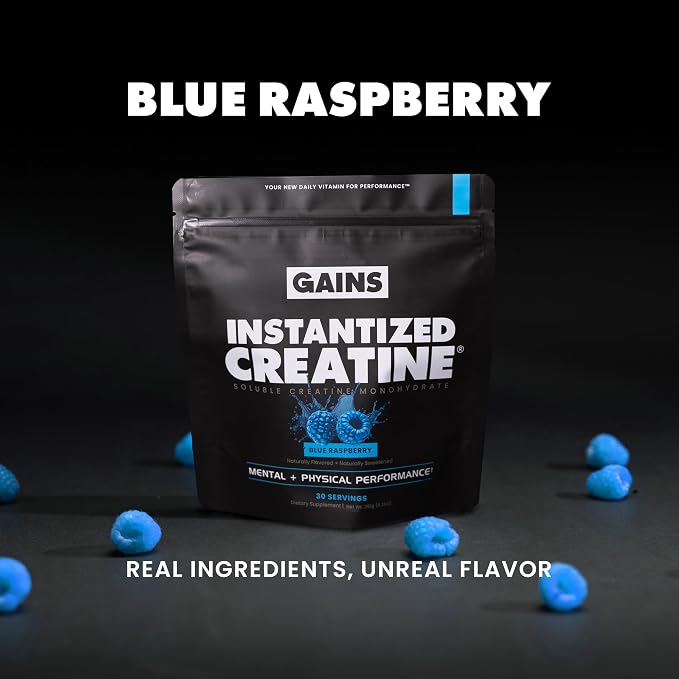 Gains in Bulk Instantized Creatine Monohydrate for Men & Women, Soluble Pre Workout Powder, Supports Muscle Building, Strength and Performance, Bodybuilding Supplements, Blue Raspberry, 30 Servings