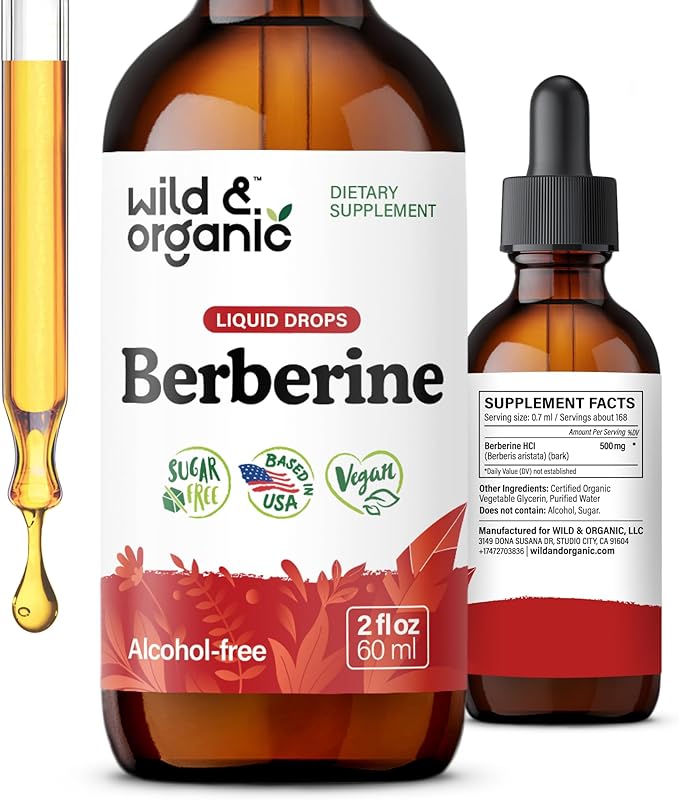 Wild & Organic Berberine Supplement 500mg - Antioxidant Support - HCL Berberine Liquid Drops - Add to Tea Tincture - Berberis Aristata Bark Extract - Vegan, Alcohol & Sugar-Free - 2 fl oz