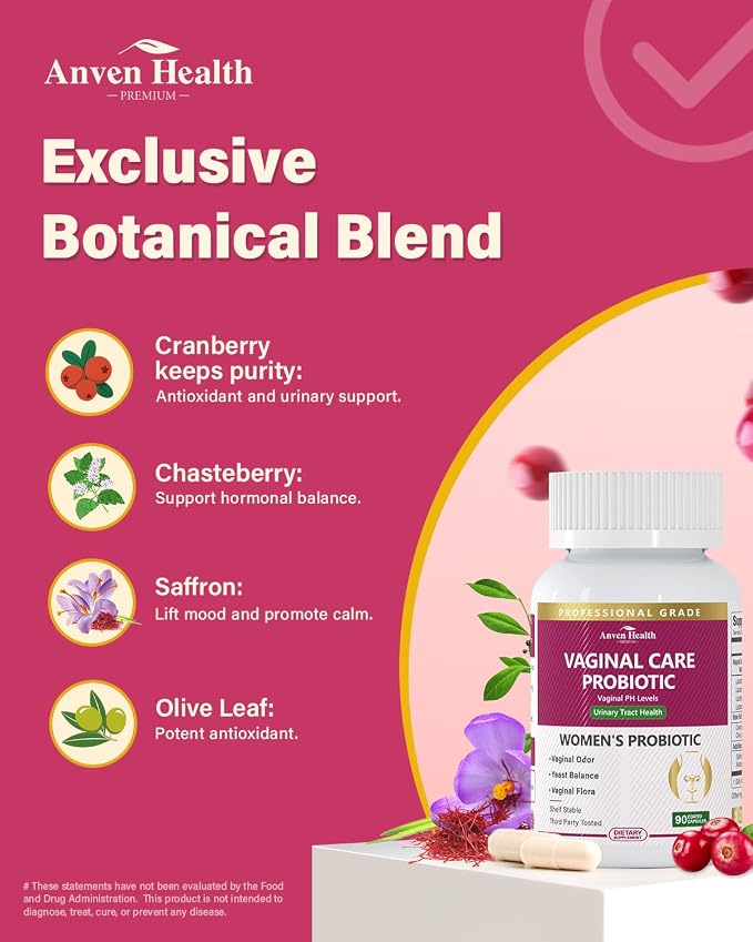 Vaginal Probiotics for Women pH Balance with Prebiotics - 60 Billion CFU for Odor, Yeast & Digestion - Cranberry for Urinary Tract & Hormonal Balance - Vegan & Non-GMO | 90 Capsules