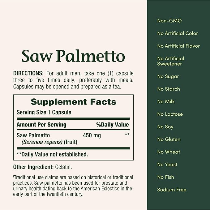 Nature's Bounty Saw Palmetto, Herbal Health Supplement, Prostate and Urinary Health, 450 mg, 100 Capsules