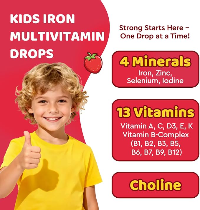 Liquid Iron Supplement for Kids, Kids Multivitamin with Iron Drops with Zinc, Vitamin B Complex, Folate - Support Blood Builder & Energy, Iron Deficiency for Women, Men, Vegan Strawberry 4 Fl Oz