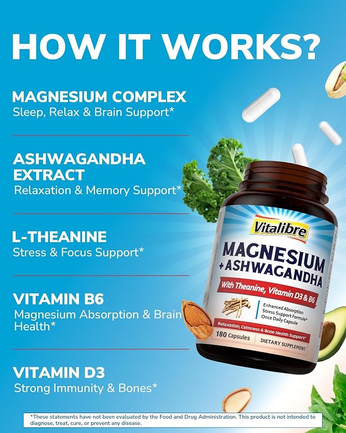 Vitalibre Magnesium Complex with Ashwagandha & L-Theanine - Stress Relief, Bone & Relaxation Support - w/Vitamin D3, B6 - Glycinate, Citrate, Malate, Taurate - 90 Vegan Capsules, Non-GMO, Gluten Free