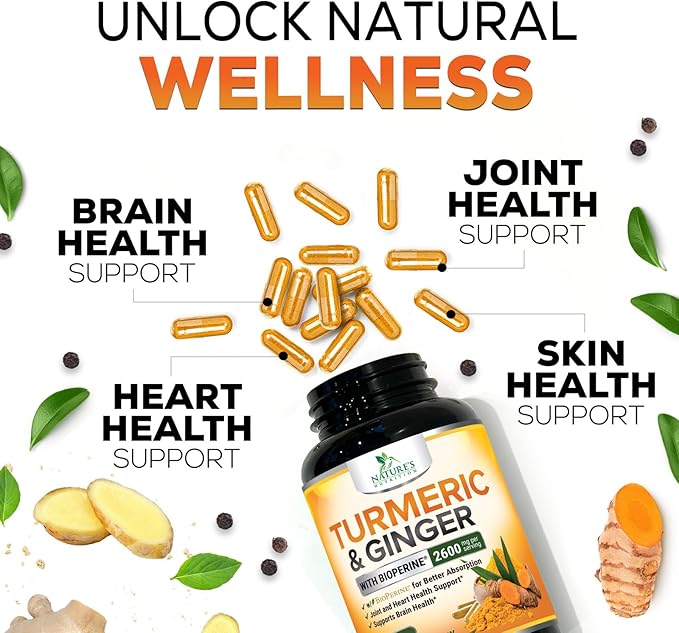 Turmeric Curcumin Supplement - 2000mg Organic Turmeric Per Serving - 95% Curcuminoids, Ginger & BioPerine Black Pepper for Best Absorption - Natural Vegan Joint Support, Bottled in USA - 60 Capsules