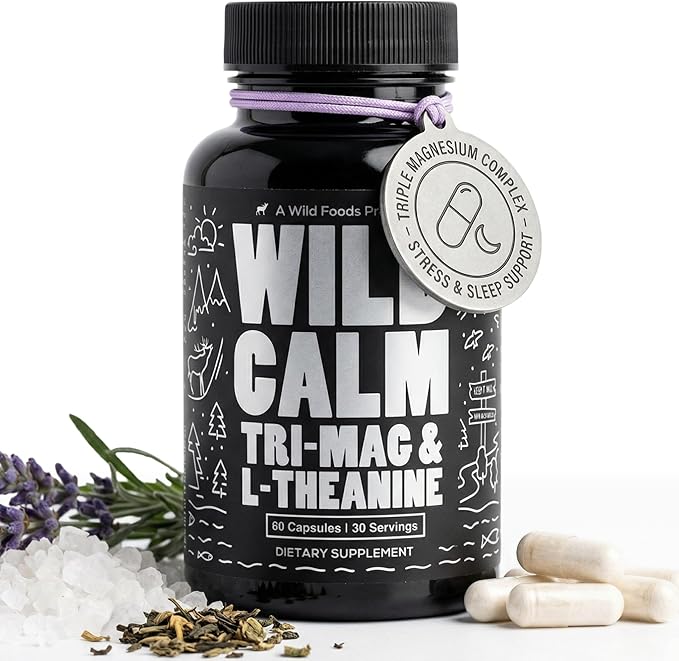 Wild Foods 3 in 1 Magnesium Glycinate L Theanine for Calm Sleep & Muscle Relaxation - Glycinate, Malate, Taurate - 100% Natural Magnesium Complex for Women and Men - 60 Capsules