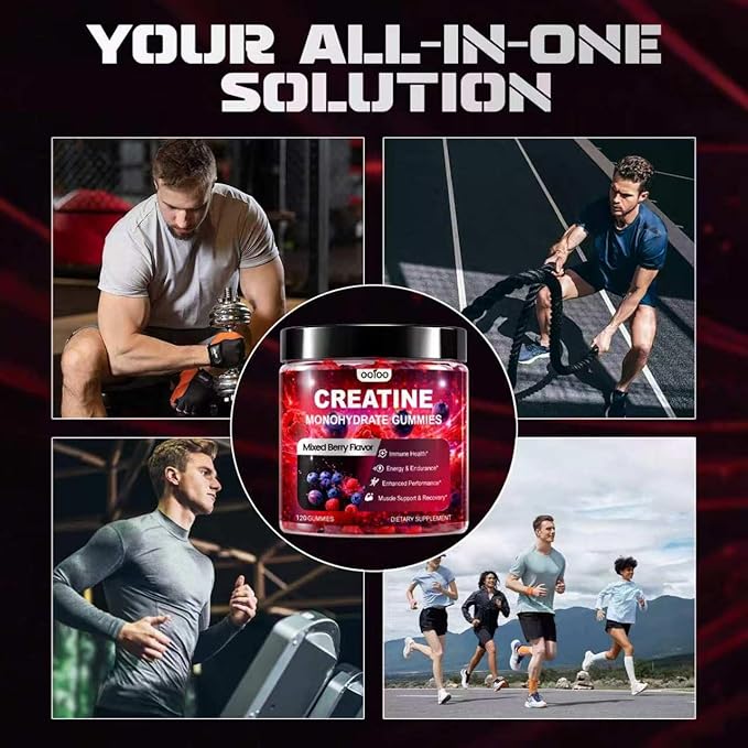 ooioo Creatine Monohydrate Gummies for Men & Women – Boost Focus, Stamina & Muscle Growth – Sugar Free, Vegan, with L-Taurine, BCAA 2:1:1, B12 & B6 – Mixed Berry Flavor – 120 Gummies