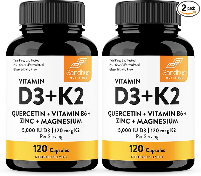 Sandhu's Vitamin D3 K2 Magnesium 5000 IU, 120mcg K2 Capsules 120 Count (Pack of 2) | with VIT B6, Zinc & Quercetin | D3K2 Supports Superior Absorption, Energy, Immune, Muscle Health for Men & Women