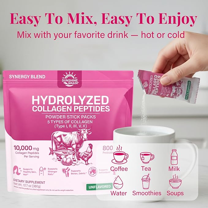 Multi Collagen Peptides Powder - 10g Hydrolyzed Collagen Peptides Type I, II, III, V & X with Biotin, Hyaluronic Acid & Prebiotics, Support Hair, Skin, Nail, Bone & Digestive Health, Non-GMO丨30 Sticks
