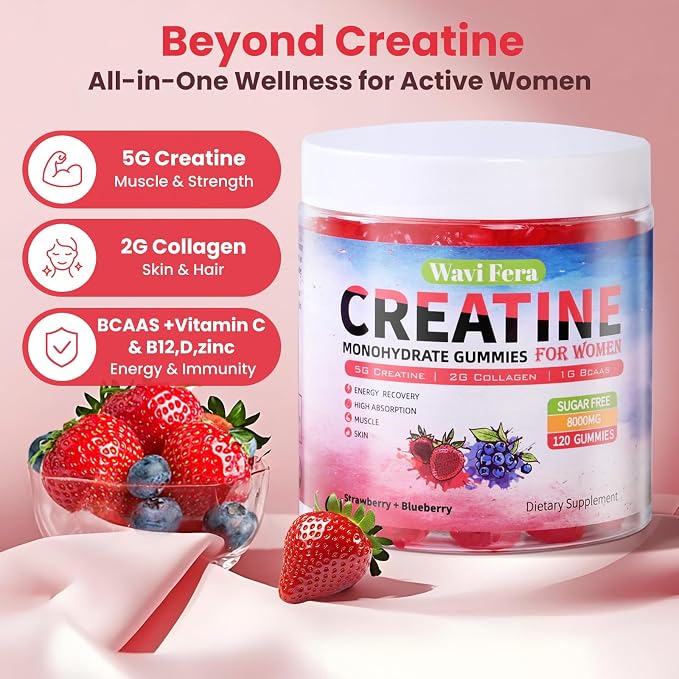 Creatine for Women,Creatine Monohydrate Gummies with Collagen+ BCAAs+Hyaluronic Acid+VitaminsC and b12,Sugar Free,Vegan,Supplement for Muscle,Skin, Hair & Nail Support, Mixed berry,120 Counts