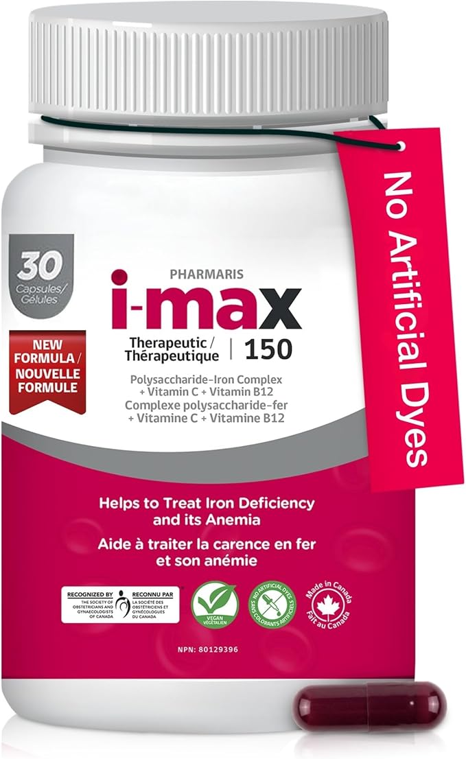 Pharmaris i-max Iron Supplement 150 mg, Vitamin C 250 mg & B12 1000 mcg, Iron Supplement for Women & Men, No Artificial Dyes, Vegan, Once Daily, 30 Capsules