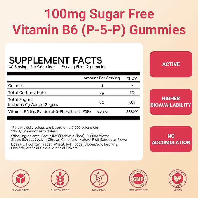 Vitamin B6 Gummies 100mg, Vitamin B6 Supplement P5P for Energy & Nervous System, Sugar Free, Vegan, 60 Liquid-Filled Gummies.