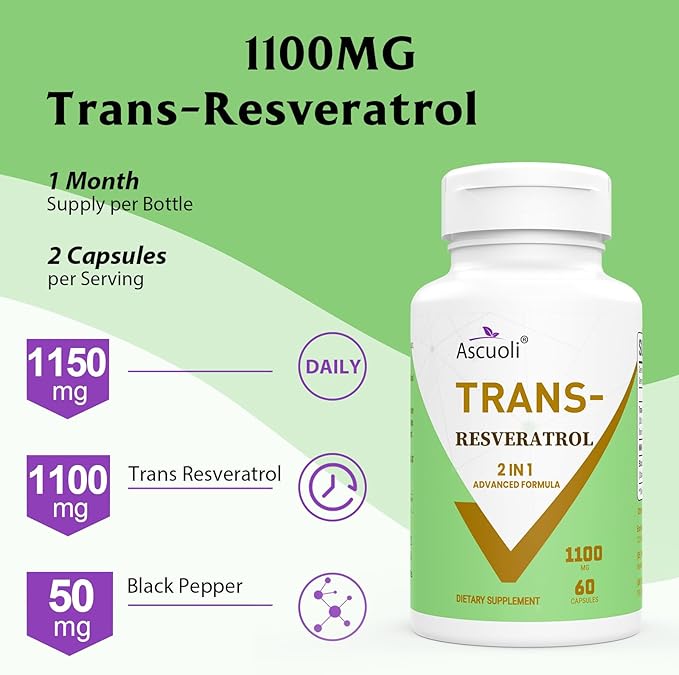99% Ultra Purity Trans-Resveratrol 1100mg, 3-in-1 Advanced Formula Organic Resveratrol Supplement, Max Antioxidant, Anti-Aging, Skin Health, Cell Repair, Boost NAD+, Immune & Energy, 60 Caps