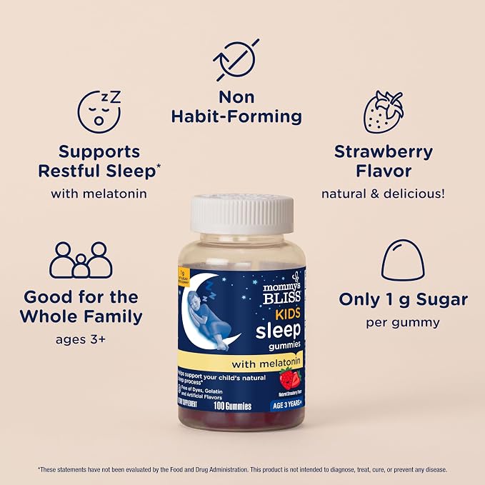 Mommy's Bliss Kids Sleep Melatonin Gummies, Non Habit-Forming with No Artificial Colors, Flavors or Gelatin - Age 3 Years+ - Strawberry Flavor - 100 Sleep Gummies