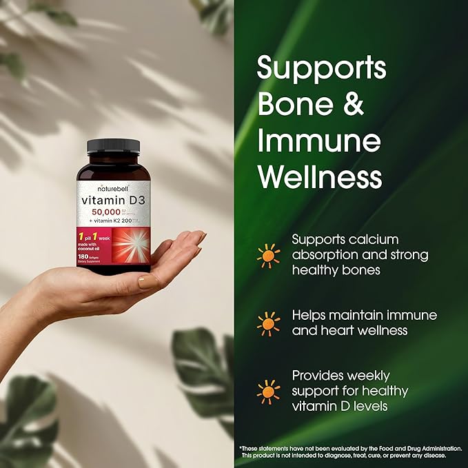 NatureBell Vitamin D3 50,000 IU with Vitamin K2-180 Softgels - High-Potency Bone & Immune Support* - Easy Absorption with Coconut Oil - Non-GMO & Gluten-Free